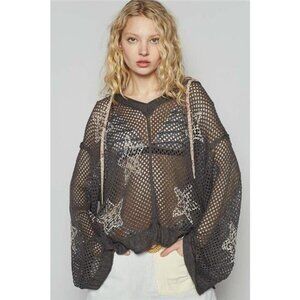 POL Star Openwork Long Sleeve Hooded Knit Cover Up